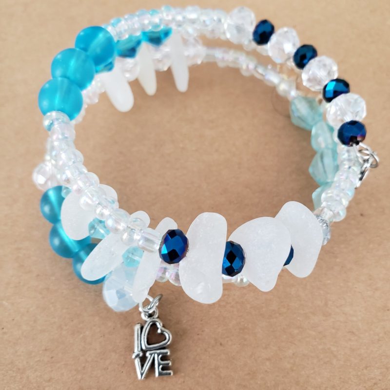 Blue Beads, Crystals and White Sea Glass Wrap Bracelet